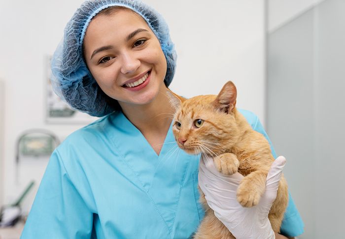 Colaboradora de clínica con un gato