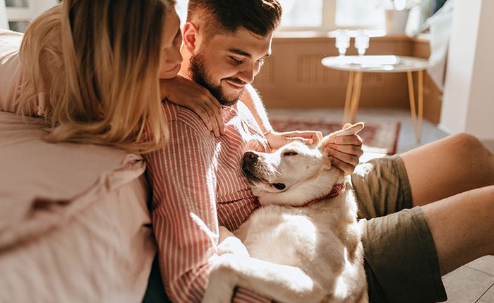 Familia con su perro en casa